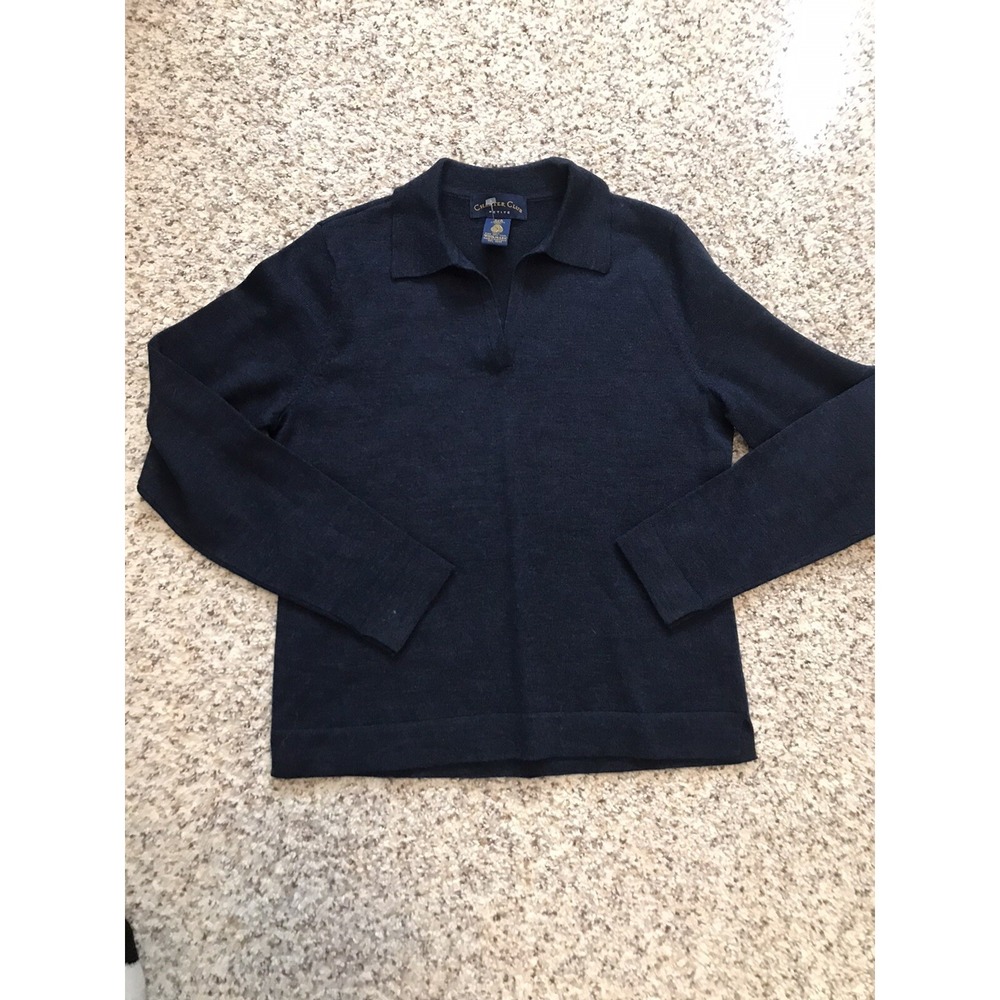 Charter Club 100% Pure Wool V-Neck with Collar Women's Sweater Navy P/S New WOT